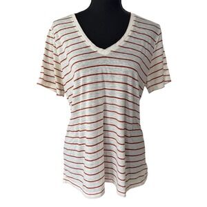 Lucky Brand Venice Burnout Striped V-Neck T-Shirt White Rust Orange Large